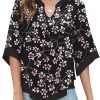 Womens 3/4 Sleeve Chiffon Blouses V Neck Double Layers Mesh Shirts Dressy Flowy Tunic Tops (M-5XL)