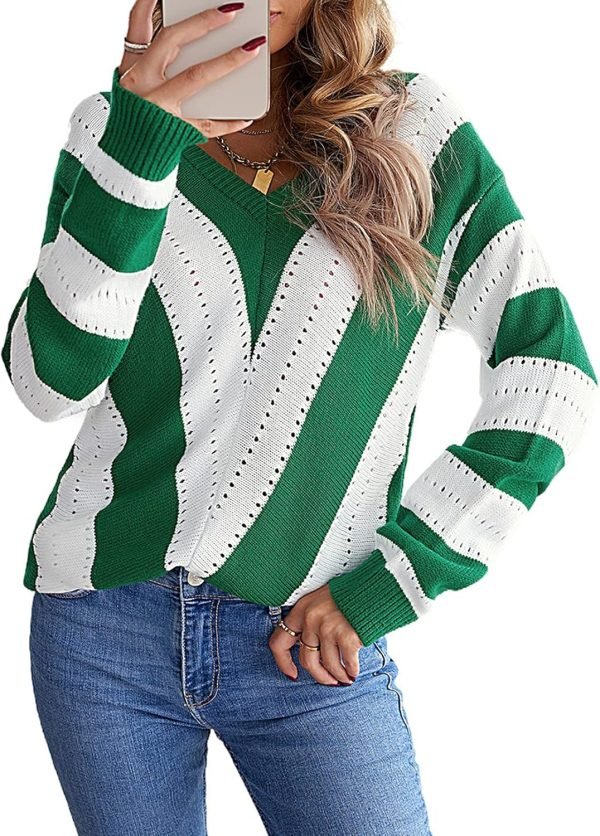 81nBjXWDrUL._AC_SL1500 Womens 2024 Deep V Neck Sweaters Striped Long Sleeve Knit Pullover Sweaters for Women