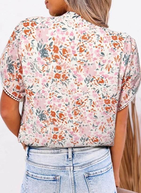 81nvY4TuSIL._AC_SL1500 Womens Tops Summer Casual Boho Floral Print Short Sleeve Half Button Down V Neck Chiffon Blouses Shirts