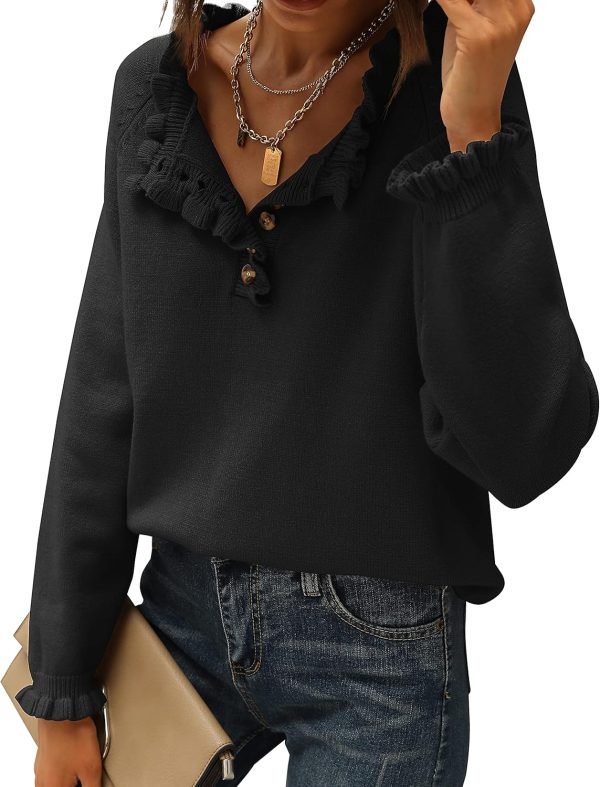 81oNJxQ-MtL._AC_SL1500 Women's Sweaters Casual Long Sleeve Button Down Crew Neck Ruffle Knit Pullover Sweater Tops Solid Color Striped