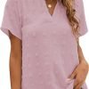 Womens White Chiffon Blouses Short Sleeve V Neck Shirts Summer Casual Polka Dot Tops