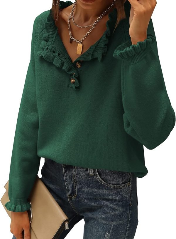 81pRxuxApJL._AC_SL1500 Women's Sweaters Casual Long Sleeve Button Down Crew Neck Ruffle Knit Pullover Sweater Tops Solid Color Striped