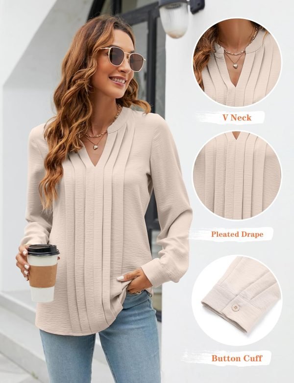 81pztjXj-0L._AC_SL1500 Women's Dressy Casual Blouses Business Work Tops Long Sleeve V Neck Pleated Shirts 2024 Fall Outfits