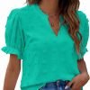 Womens Puff Sleeve Summer Tops Chiffon Short Sleeve Blouses White V Neck Pom Pom Shirts