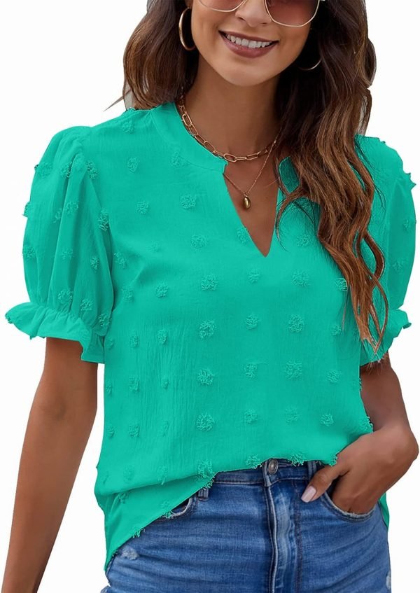 81q-_DmsBqL._AC_SL1500 Womens Puff Sleeve Summer Tops Chiffon Short Sleeve Blouses White V Neck Pom Pom Shirts