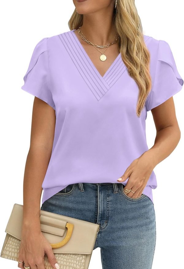 Womens Tops Dressy Casual V Neck Ruffle Short Sleeve Blouse Business Casual Tops Chiffon Flowy Shirt Cute Summer Tops
