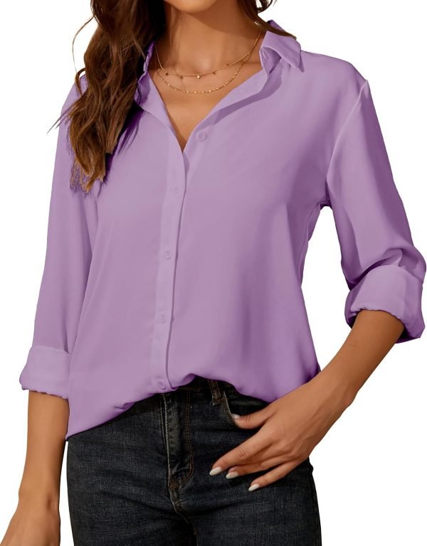 81qoMmj173L._AC_SL1500 Womens Button Down Shirt Long Sleeve Classic Collared Tops Work Office Casual Chiffon Blouse