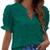 Womens Puff Sleeve Summer Tops Chiffon Short Sleeve Blouses White V Neck Pom Pom Shirts