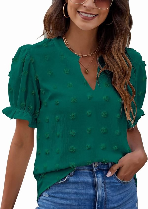 81s7kwE1u7L._AC_SL1500 Womens Puff Sleeve Summer Tops Chiffon Short Sleeve Blouses White V Neck Pom Pom Shirts