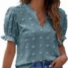 Womens Puff Sleeve Summer Tops Chiffon Short Sleeve Blouses White V Neck Pom Pom Shirts