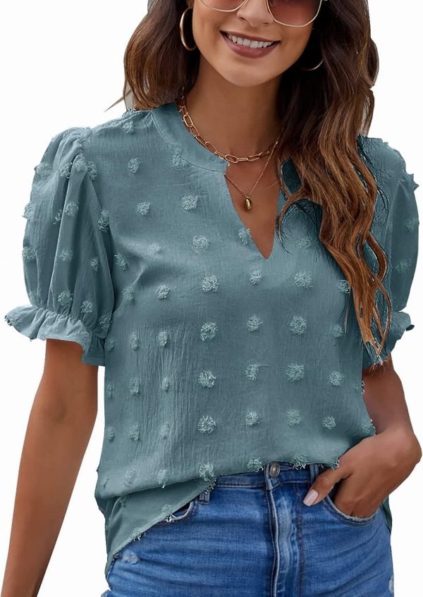 81sdU0_my8L._AC_SL1500 Womens Puff Sleeve Summer Tops Chiffon Short Sleeve Blouses White V Neck Pom Pom Shirts