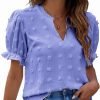 Womens Puff Sleeve Summer Tops Chiffon Short Sleeve Blouses White V Neck Pom Pom Shirts