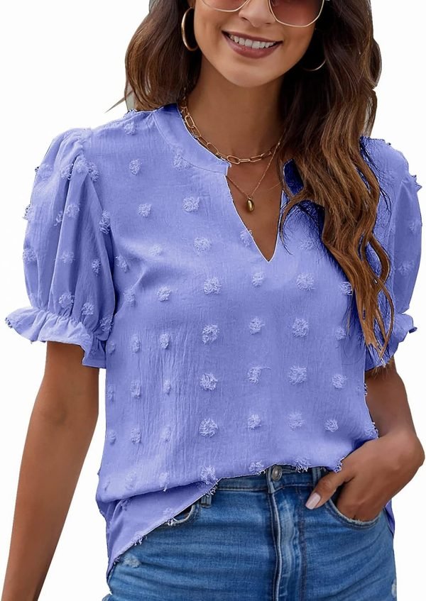 81slgAJZX7L._AC_SL1500 Womens Puff Sleeve Summer Tops Chiffon Short Sleeve Blouses White V Neck Pom Pom Shirts