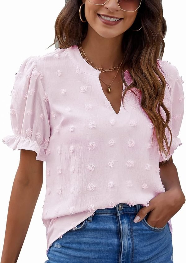 81trJfJYJ7L._AC_SL1500 Womens Puff Sleeve Summer Tops Chiffon Short Sleeve Blouses White V Neck Pom Pom Shirts
