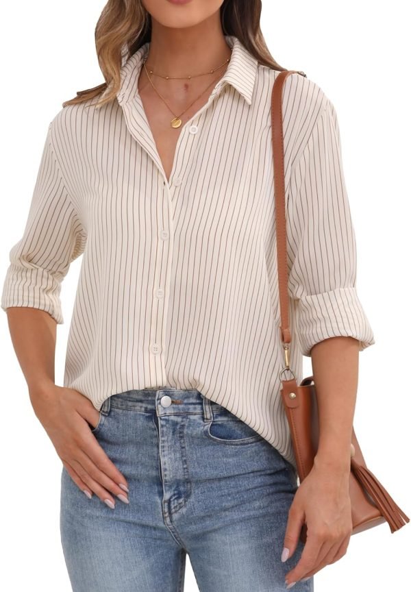 81u4uZbmwML._AC_SL1500 Womens Button Down Shirt Long Sleeve Classic Collared Tops Work Office Casual Chiffon Blouse