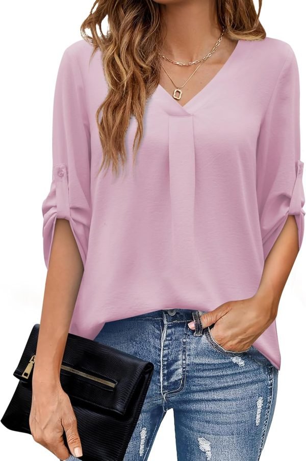 U.Vomade Women's 3/4 Cuffed Sleeve Chiffon V Neck Casual Shirts for Women S-XL