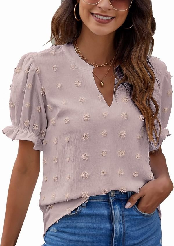 81uXIlMaQVL._AC_SL1500 Womens Puff Sleeve Summer Tops Chiffon Short Sleeve Blouses White V Neck Pom Pom Shirts