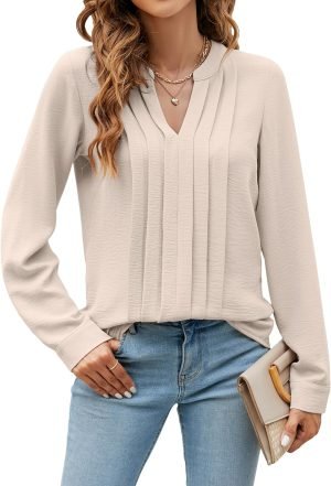 Women's Dressy Casual Blouses Business Work Tops Long Sleeve V Neck Pleated Shirts 2024 Fall Outfits