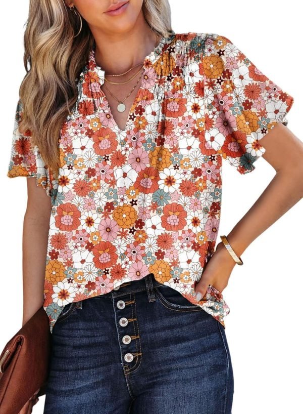 81wOz_eXbkL._AC_SL1500 Women's Casual V Neck Floral Print Smocked Short Sleeve Chiffon Blouses Bohemian Top Shirts