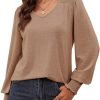 Women's Casual Long Sleeve Tops Shirred Shoulders Solid Color Knit Ribbed T Shirts Blouses