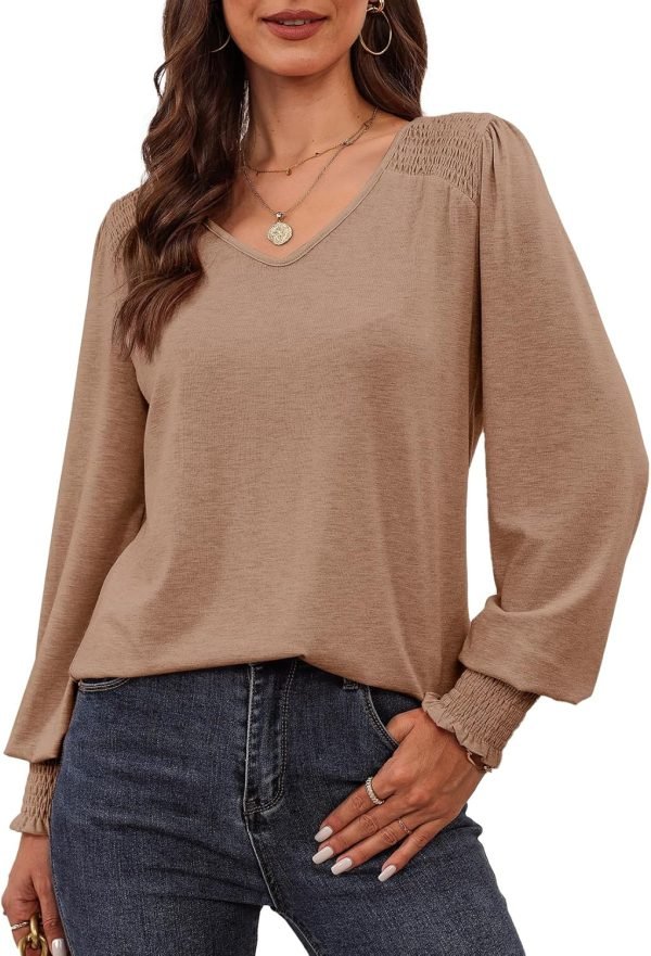 81whtv0UtwL._AC_SL1500 Women's Casual Long Sleeve Tops Shirred Shoulders Solid Color Knit Ribbed T Shirts Blouses