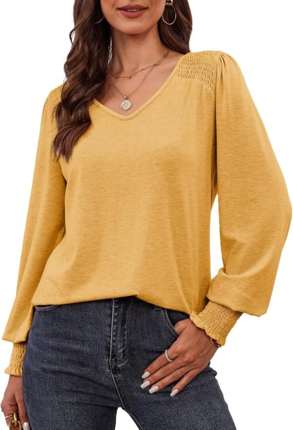81wjNXltbXL._AC_SL1500 Women's Casual Long Sleeve Tops Shirred Shoulders Solid Color Knit Ribbed T Shirts Blouses