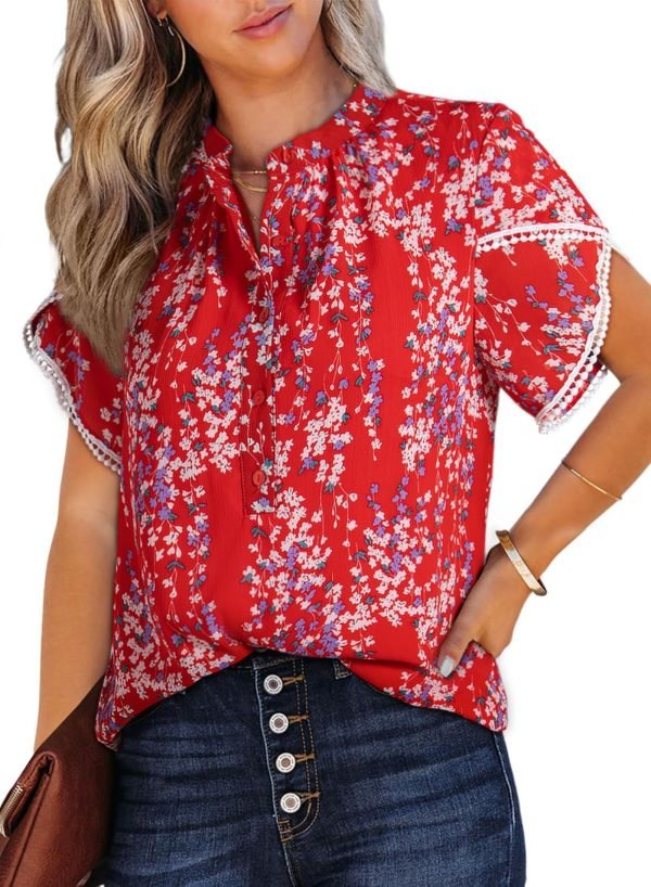 81wyZfkkRXL._AC_SL1500 Womens Tops Summer Casual Boho Floral Print Short Sleeve Half Button Down V Neck Chiffon Blouses Shirts