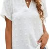 Womens White Chiffon Blouses Short Sleeve V Neck Shirts Summer Casual Polka Dot Tops