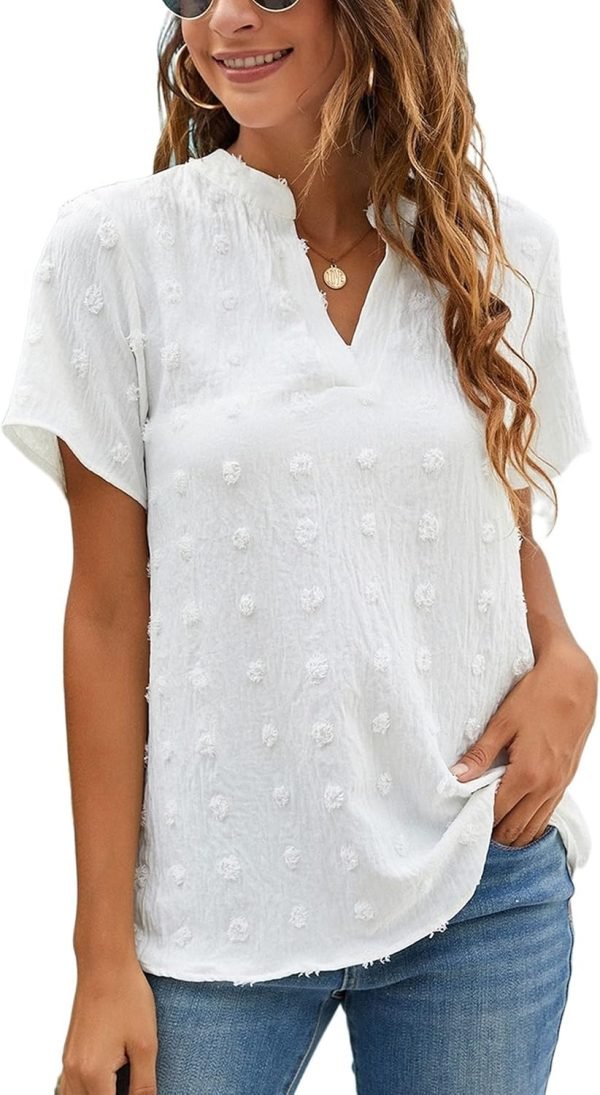 81x5gidd3kL._AC_SL1500 Womens White Chiffon Blouses Short Sleeve V Neck Shirts Summer Casual Polka Dot Tops