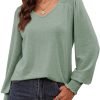 Women's Casual Long Sleeve Tops Shirred Shoulders Solid Color Knit Ribbed T Shirts Blouses