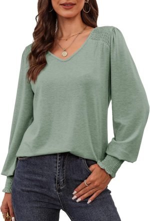 Women's Casual Long Sleeve Tops Shirred Shoulders Solid Color Knit Ribbed T Shirts Blouses