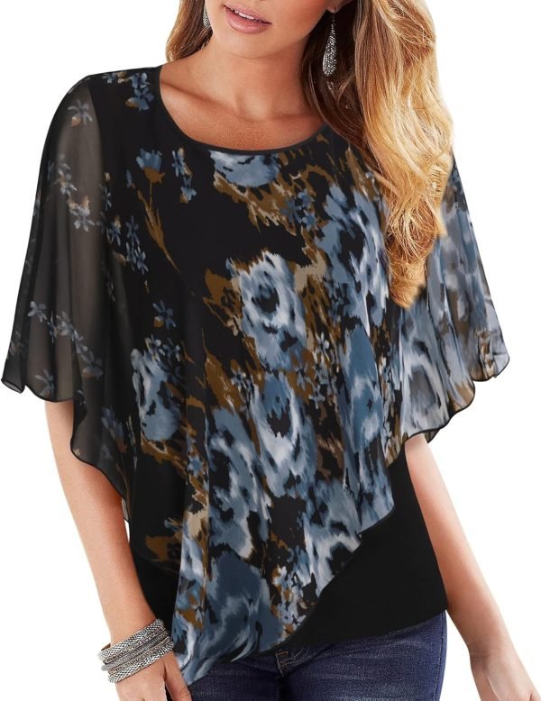 81xEGc4PsLL._AC_SL1500 Women's Lightweight Flowy Shirt Double-Layered Printed Chiffon Poncho Blouse Top