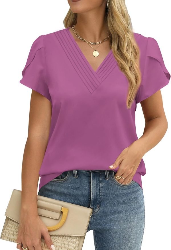 Womens Tops Dressy Casual V Neck Ruffle Short Sleeve Blouse Business Casual Tops Chiffon Flowy Shirt Cute Summer Tops