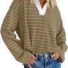 Womens Striped Long Sleeve Shirts 2024 Casual V Neck Oversized Sweatshirt Loose Fit Tunic Tops Fall Blouses