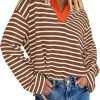 Womens Striped Long Sleeve Shirts 2024 Casual V Neck Oversized Sweatshirt Loose Fit Tunic Tops Fall Blouses