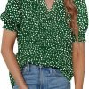Womens Fashion Blouses Notched V Neck Puffer Short Sleeve Shirt Polka Dot Tops Chiffon Dressy Shirts