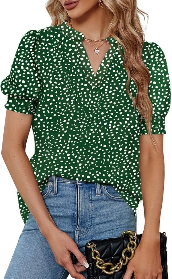 81zgo5zkXYL._AC_SL1500 Womens Fashion Blouses Notched V Neck Puffer Short Sleeve Shirt Polka Dot Tops Chiffon Dressy Shirts