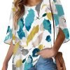 Womens Tops Dressy Casual Summer Chiffon Blouse 3/4 Sleeve Loose Mesh Tunic Shirts