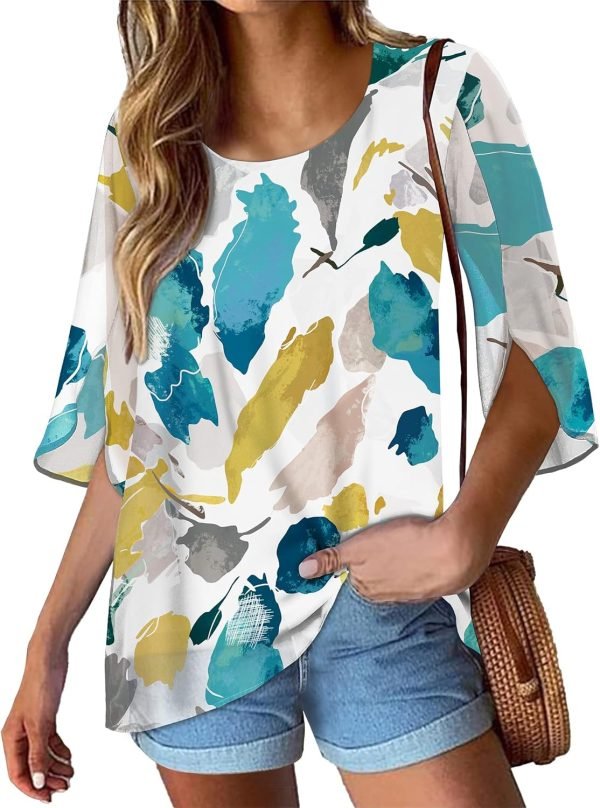 Womens Tops Dressy Casual Summer Chiffon Blouse 3/4 Sleeve Loose Mesh Tunic Shirts