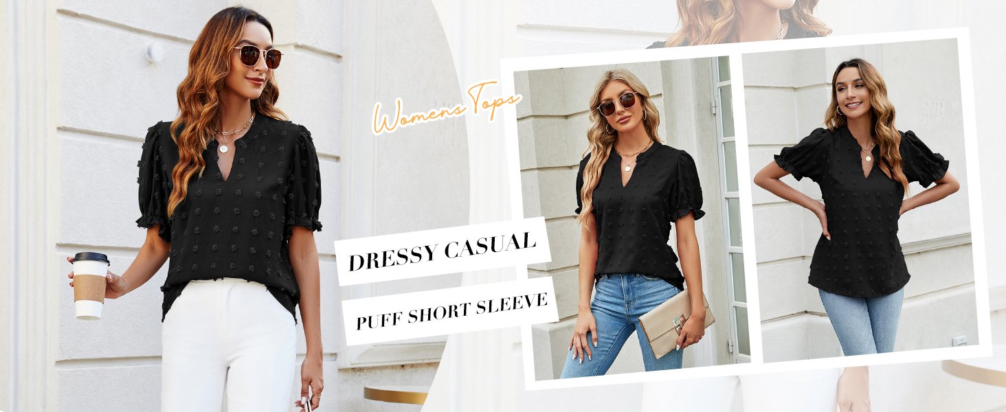 Womens Puff Sleeve Summer Tops Chiffon Short Sleeve Blouses White V Neck Pom Pom Shirts