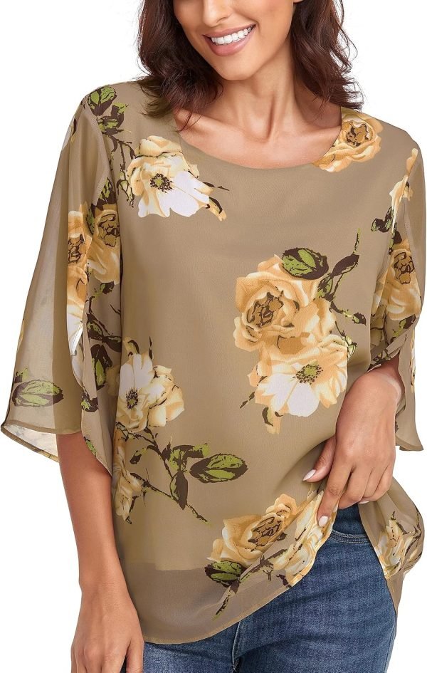 Womens Tops Dressy Casual Summer Chiffon Blouse 3/4 Sleeve Loose Mesh Tunic Shirts