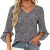 Chiffon Blouses for Women Ruffle 3/4 Sleeve Dressy V Neck Casual Flowy Tunic Tops