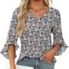Chiffon Blouses for Women Ruffle 3/4 Sleeve Dressy V Neck Casual Flowy Tunic Tops