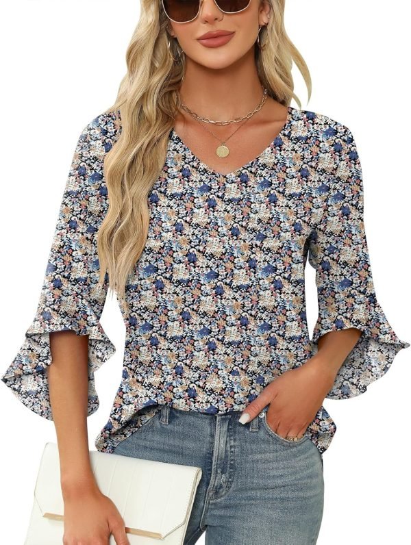 Chiffon Blouses for Women Ruffle 3/4 Sleeve Dressy V Neck Casual Flowy Tunic Tops