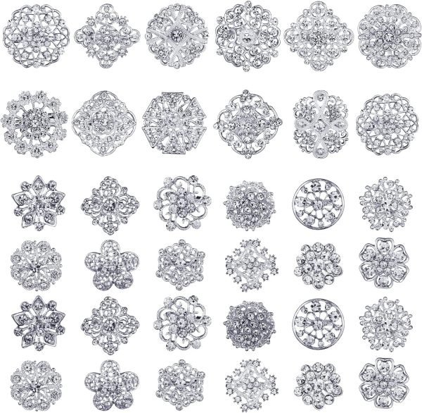 36 Pieces Clear Rhinestone Brooches for Crafts Crystal Flower Brooch Pins with Rhinestones Sliver Bulk Brooches Jewelry for Woman Flower Lapel Badge Pins DIY Wedding Bouquet Broaches Kit