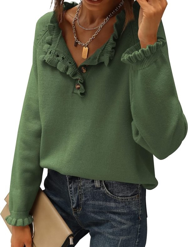 91Sj7aPEHOL._AC_SL1500 Women's Sweaters Casual Long Sleeve Button Down Crew Neck Ruffle Knit Pullover Sweater Tops Solid Color Striped