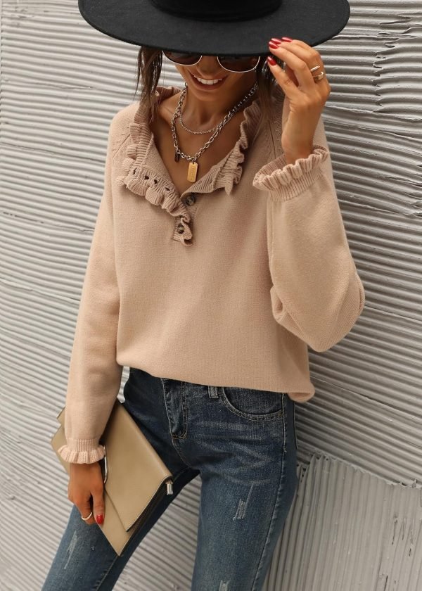91VJDdVFznL._AC_SL1500 Women's Sweaters Casual Long Sleeve Button Down Crew Neck Ruffle Knit Pullover Sweater Tops Solid Color Striped