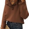 Women's Sweaters Casual Long Sleeve Button Down Crew Neck Ruffle Knit Pullover Sweater Tops Solid Color Striped