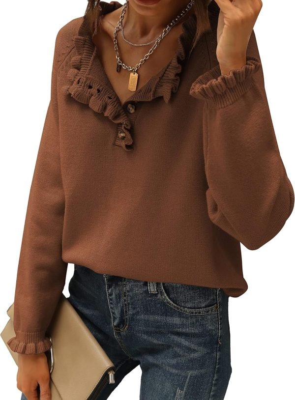 91Yi9l3WcEL._AC_SL1500 Women's Sweaters Casual Long Sleeve Button Down Crew Neck Ruffle Knit Pullover Sweater Tops Solid Color Striped