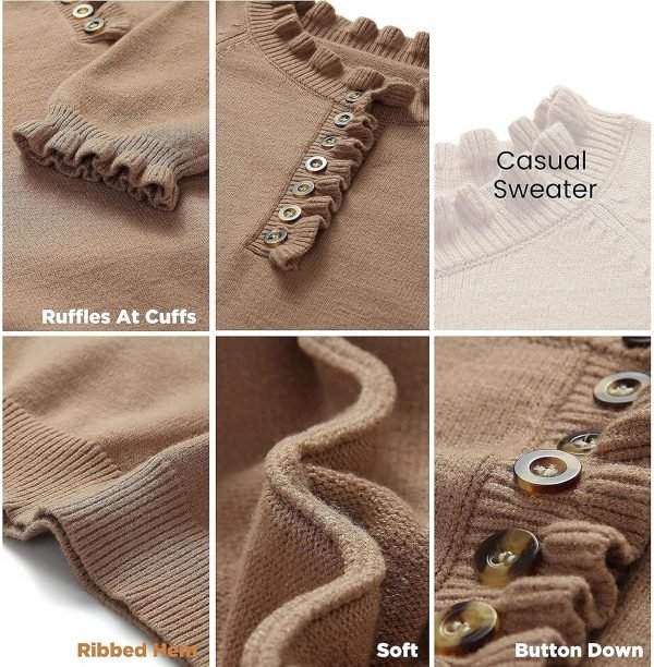 91YixzbqwSL._AC_SL1500 Women's Sweaters Casual Long Sleeve Button Down Crew Neck Ruffle Knit Pullover Sweater Tops Solid Color Striped